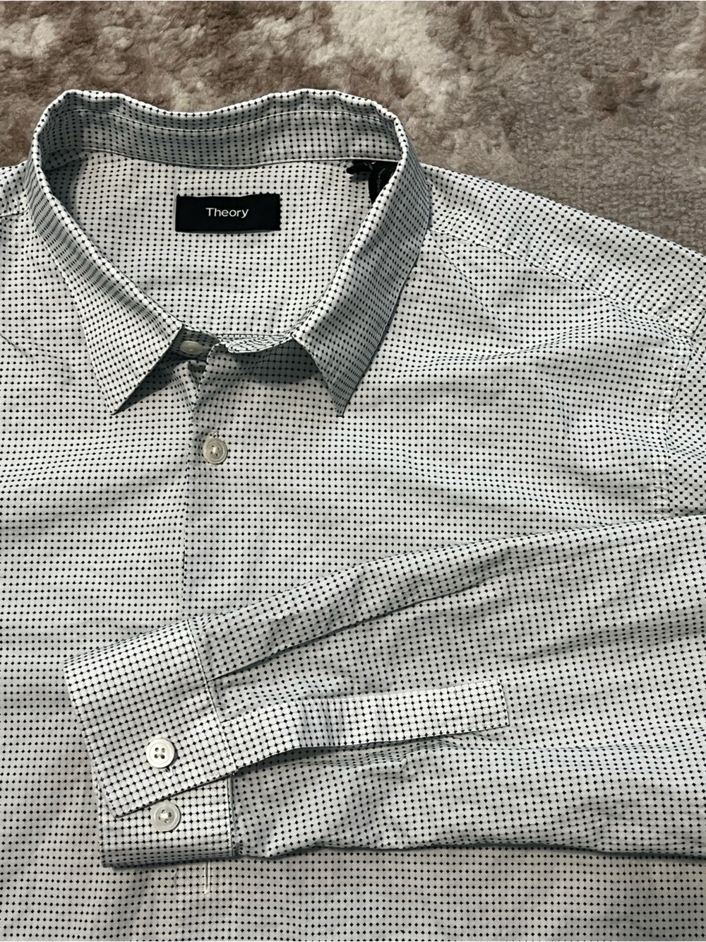 Theory Mens Large White Black Micro Geometric Print Button Front Shirt L
